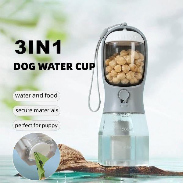3-in-1 Dog Water Bottle – Drinking, Food & Waste Bag Dispenser